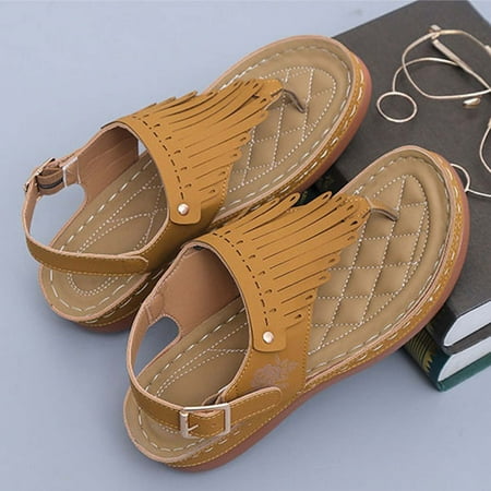 

Women s Orthopedic Sandals Clearance Ladies Comfy Flip Flops Post Thong Slippers Summer Flat Tassels Back Buckle Roman Sliders Low Wedge Open Toe Breathable Beach Shoes