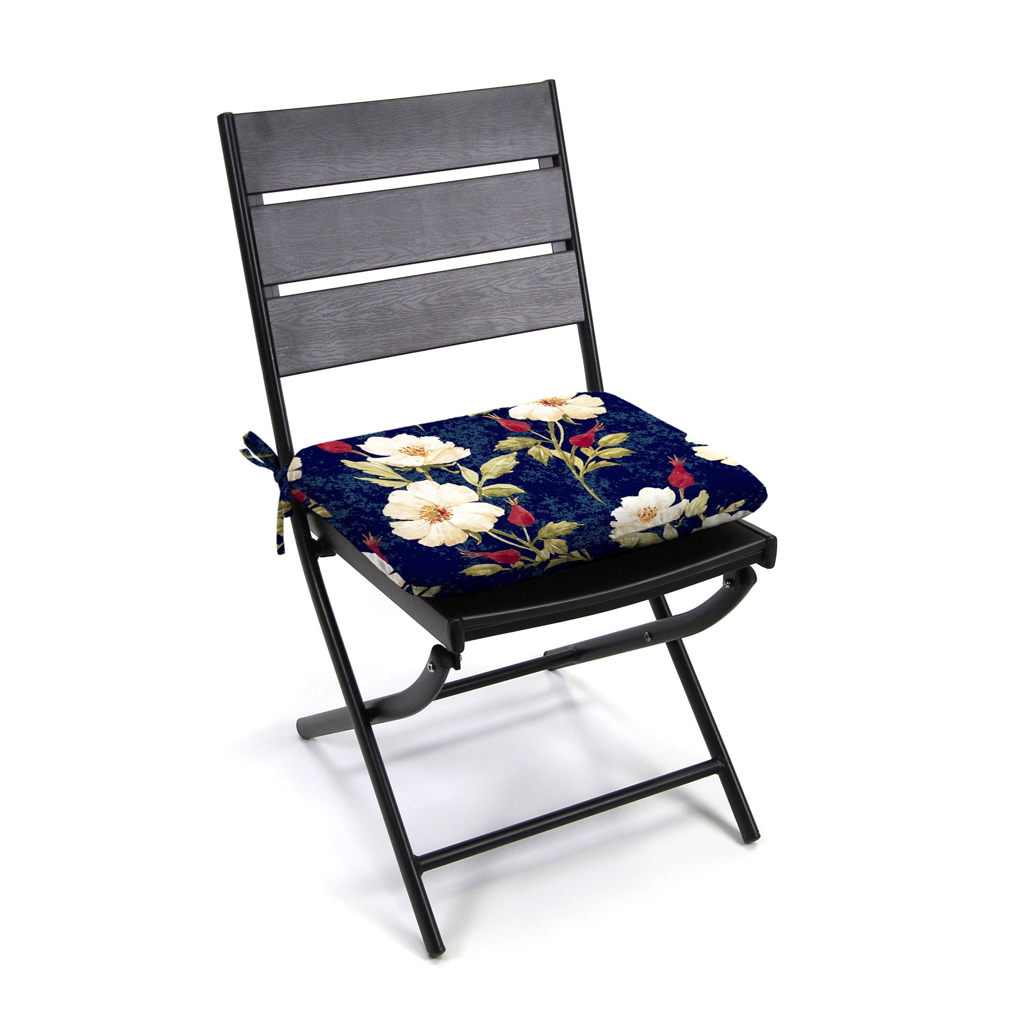 Jordan Manufacturing 16.5" x 18.5" Rose Garden Navy Floral Rectangular Outdoor Chair Pad Seat Cushion with Ties