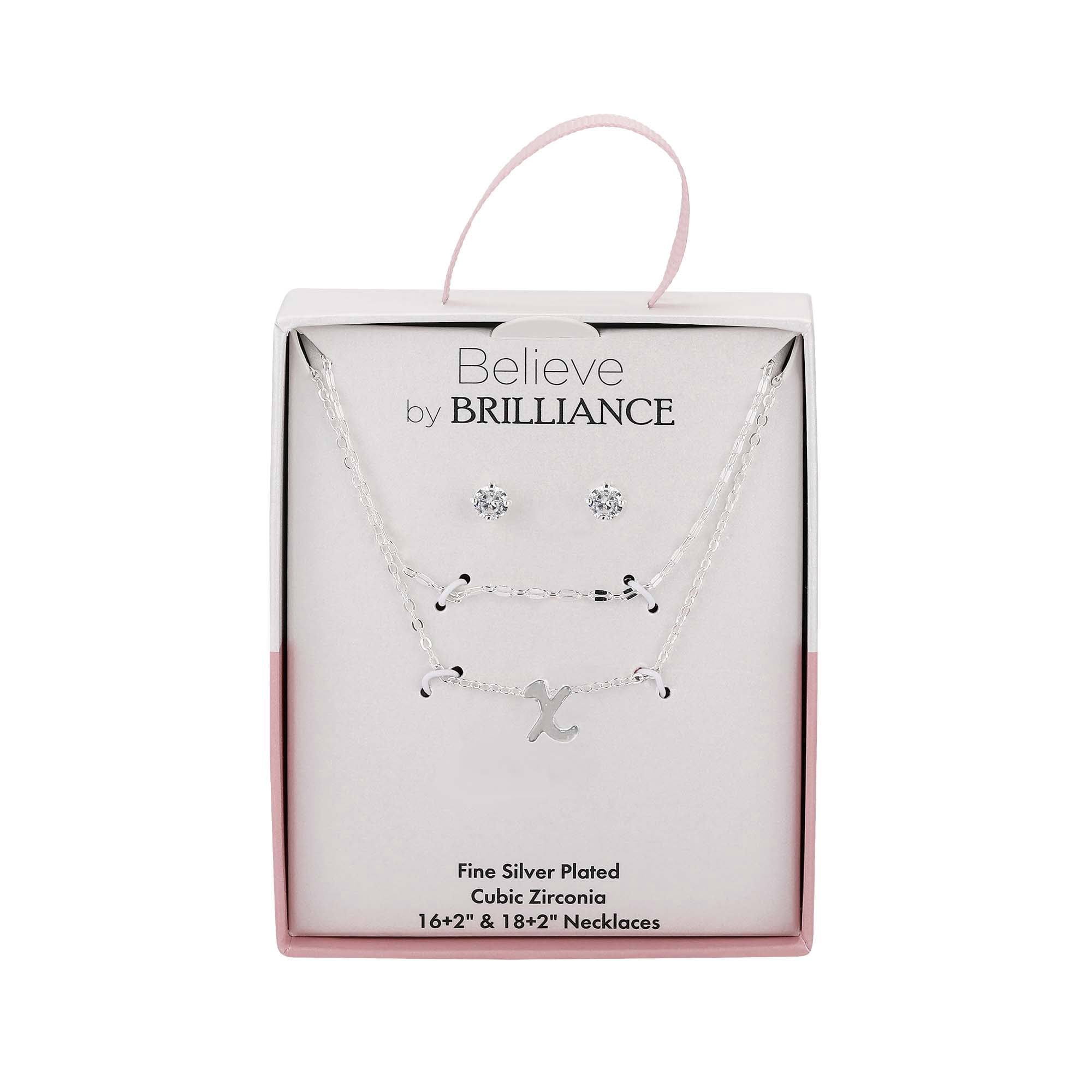 Believe by Brilliance Women's Initial X Slider Layered Necklace and Stud Set, 16+2"/18+2"