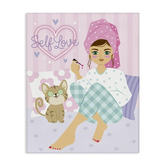 Stupell Industries Self Love Girl & Cat People Painting Wrapped Canvas Art Print Wall Art, 16 x 20