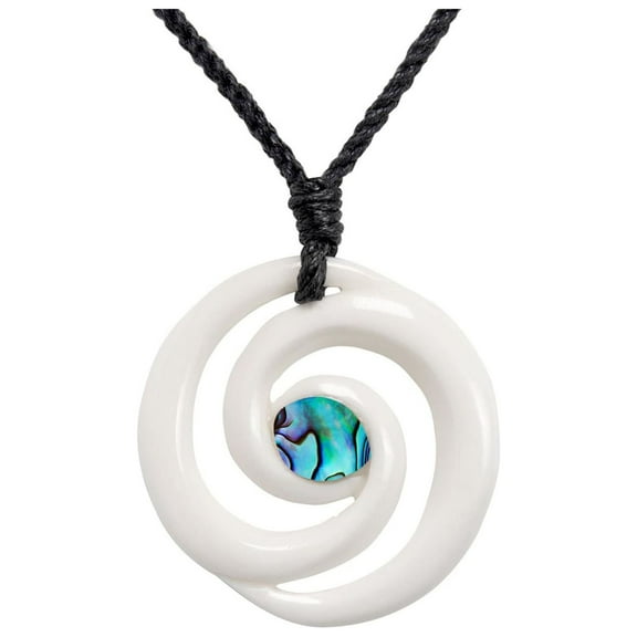 81stgeneration Women's Men's Hand Carved Bone Abalone Round Maori Double Koru Spiral Pendant Necklace