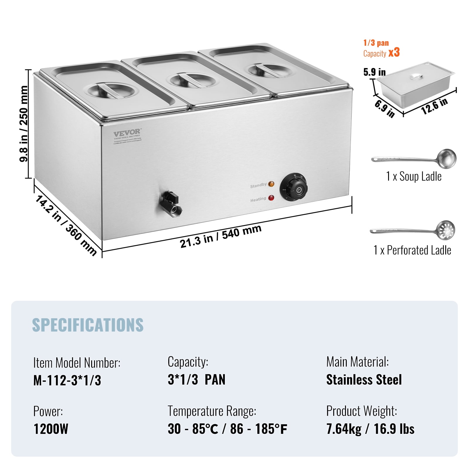VEVOR 3-Pan Commercial Food Warmer, 17.4QT Electric Steam Table, 1200W Professional Countertop Stainless Steel Buffet Bain Marie with 86-185°F Temp Control for Catering and Restaurants, Silver