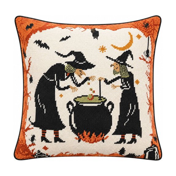 Halloween Throw Pillow Cover, Vintage Witch and Cauldron Pattern Soft Cushion Case for Sofa Couch Bed Home Holiday Decor