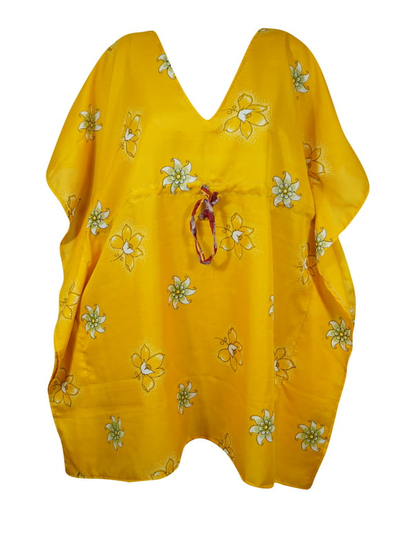 Mogul Womens Short Kaftan Dress, Yellow Printed Kimono Sleeves Beach M-XL