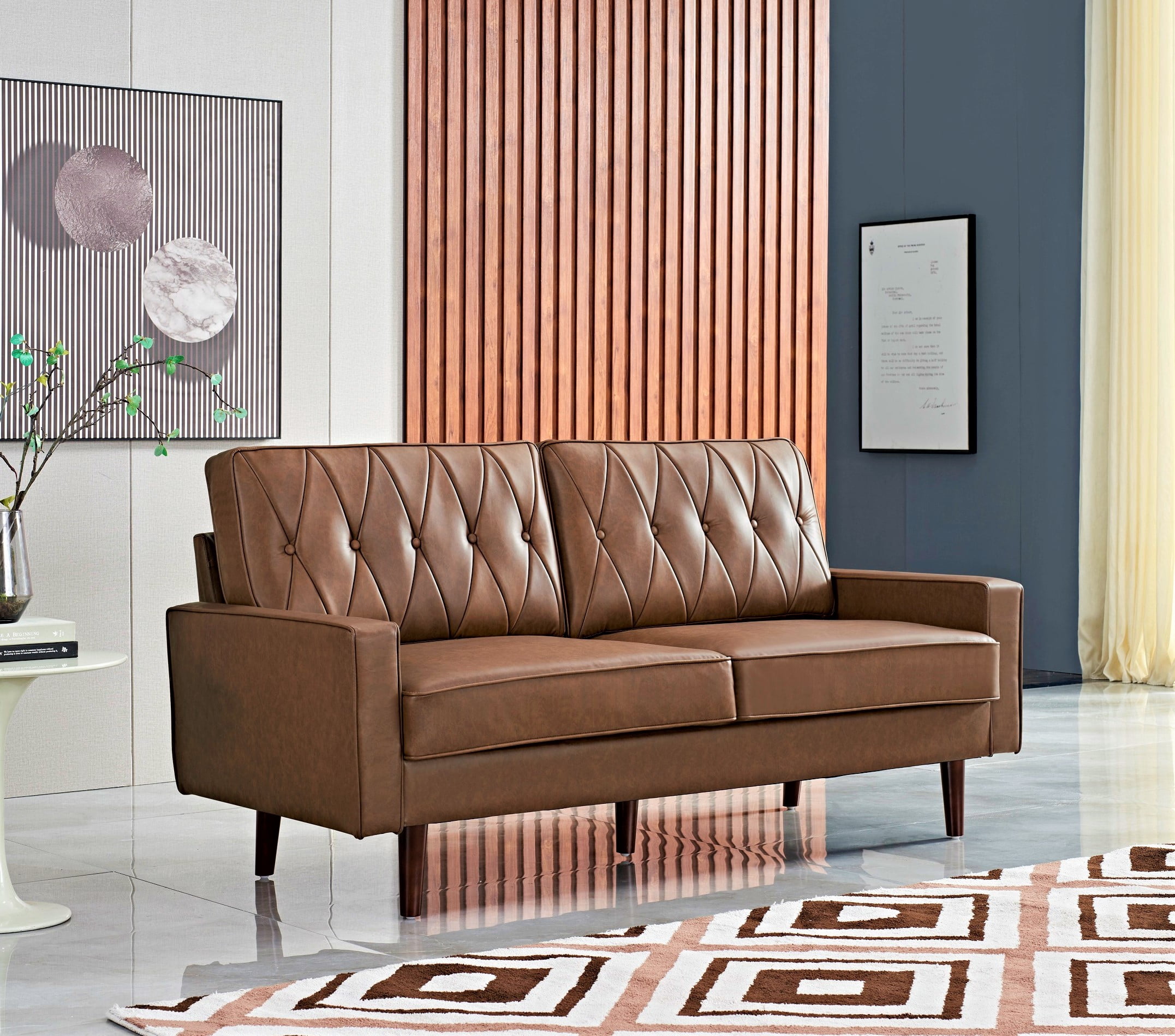 Uspridefurniture Acire 69.3" Faux Leather Cushion Back Sofa, Brown
