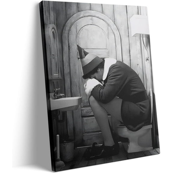 Aaheei Funny Canvas Wall Art Bathroom Decor Black and White Comedy Elf Movies Poster Bathroom Oil Painting Modern Toilet Artwork for Living Room Dorm Wall Home Decoration