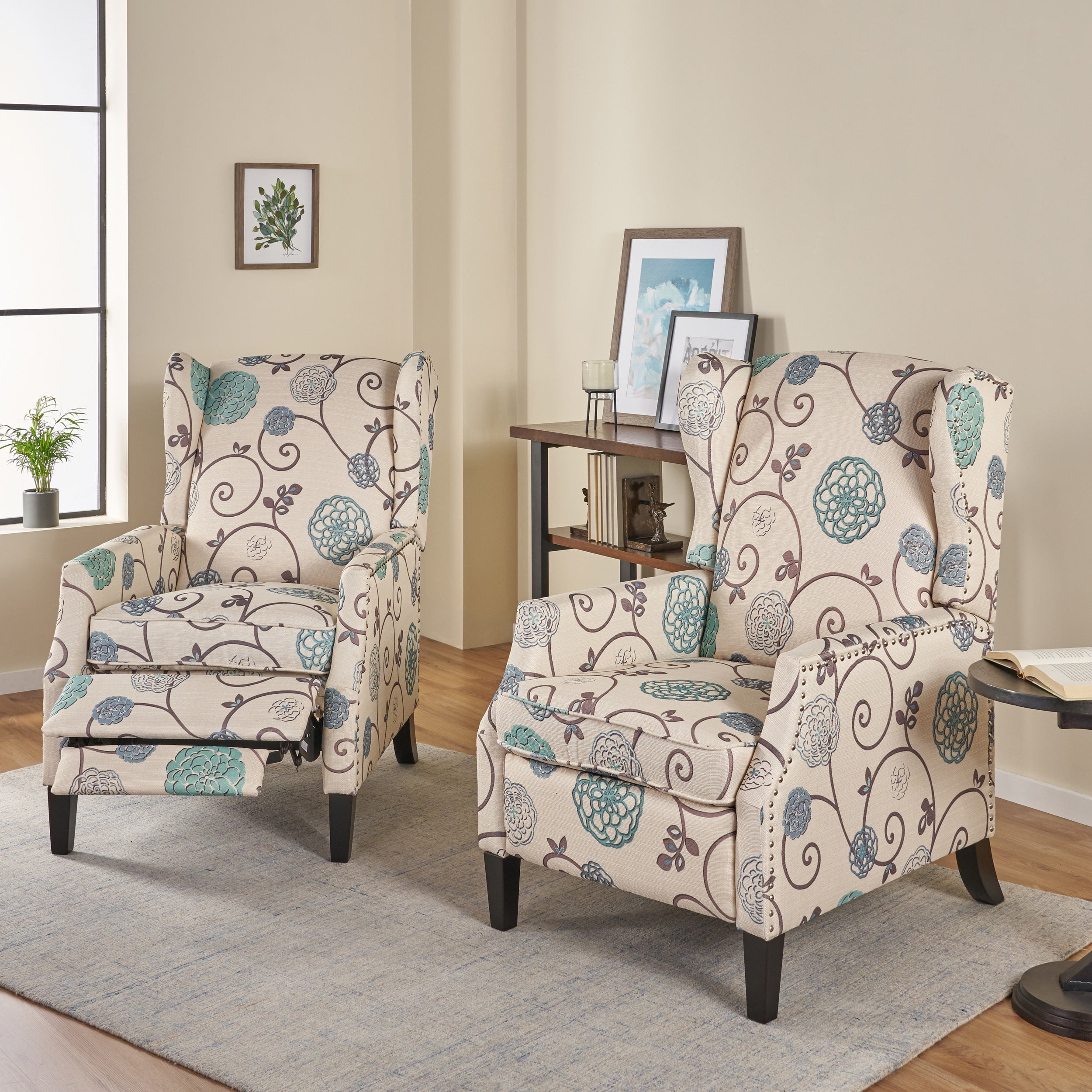 Noble House Demi Wingback Fabric Recliner, Set of 2, Light Beige, Blue