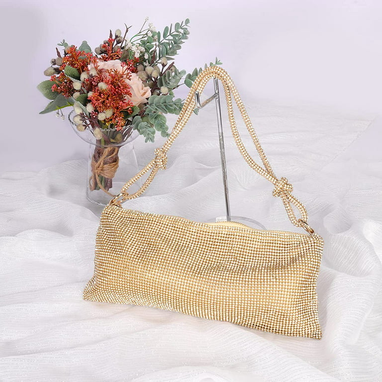Gold Clutch Purses for Women Evening, Diamond Wedding Clutch Crossbody Shoulder Bag with Crystal, Sequin Formal Flower Rhinestone Handbag for Party