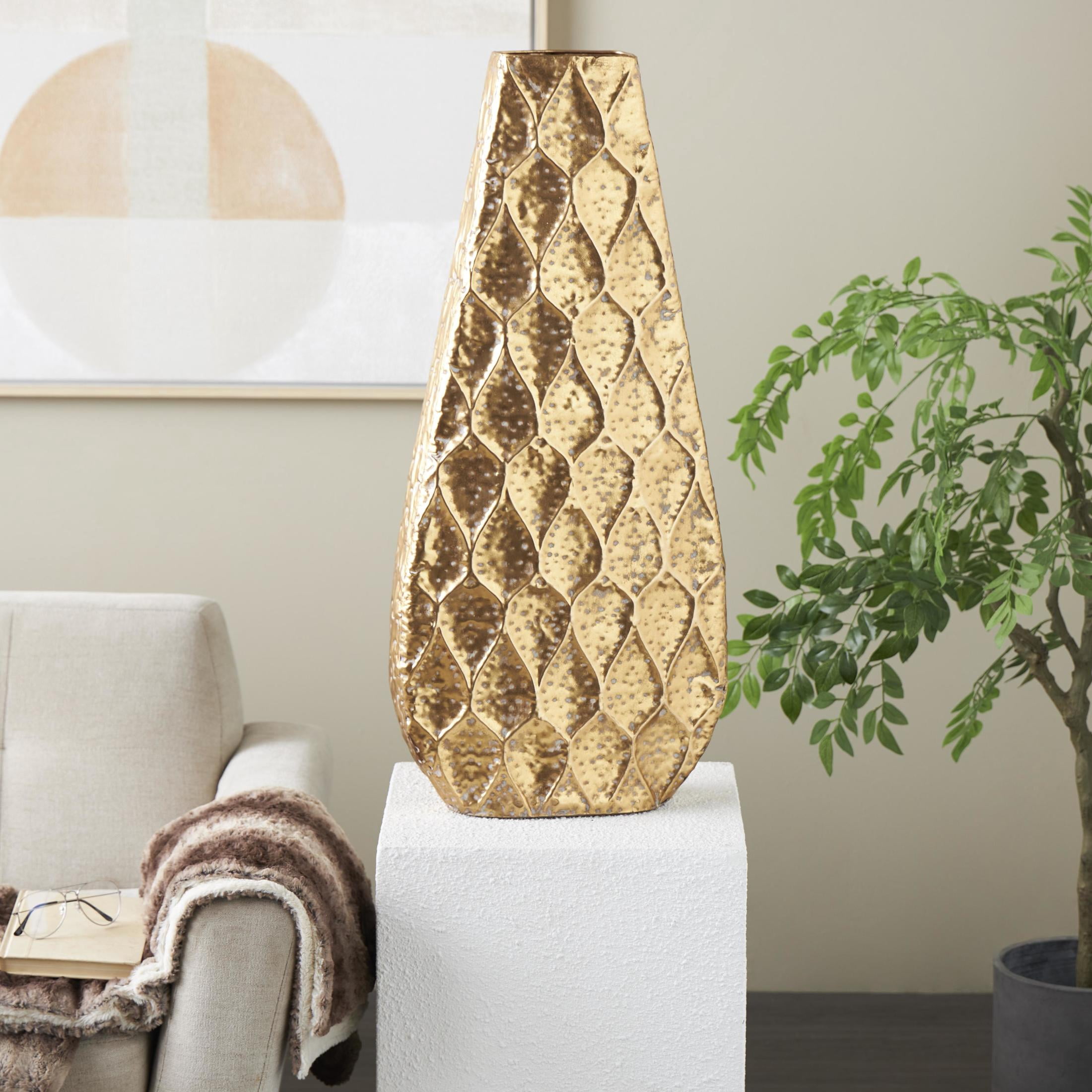 DecMode 34" Textured Concaved Teardrop Gold Metal Vase with Peacock Inspired Design
