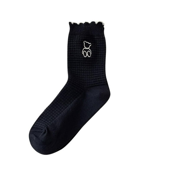 Tao Tao Women's Ruffle Frilly Rib Knit Crew Socks Floral Embroidery Scalloped Pointelle Casual Ankle Socks Black Free Size