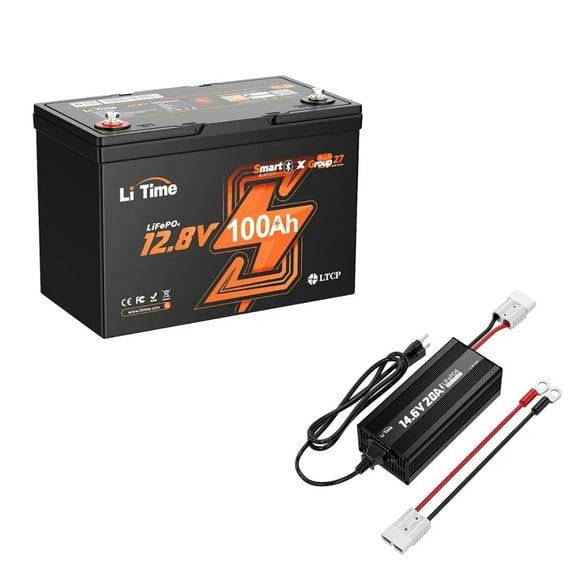 LiTime 12V 100Ah Group 27 Bluetooth LiFePO4 Battery with 14.6V 20A Charger 100A BMS for RV, Solar System, Trolling Motors