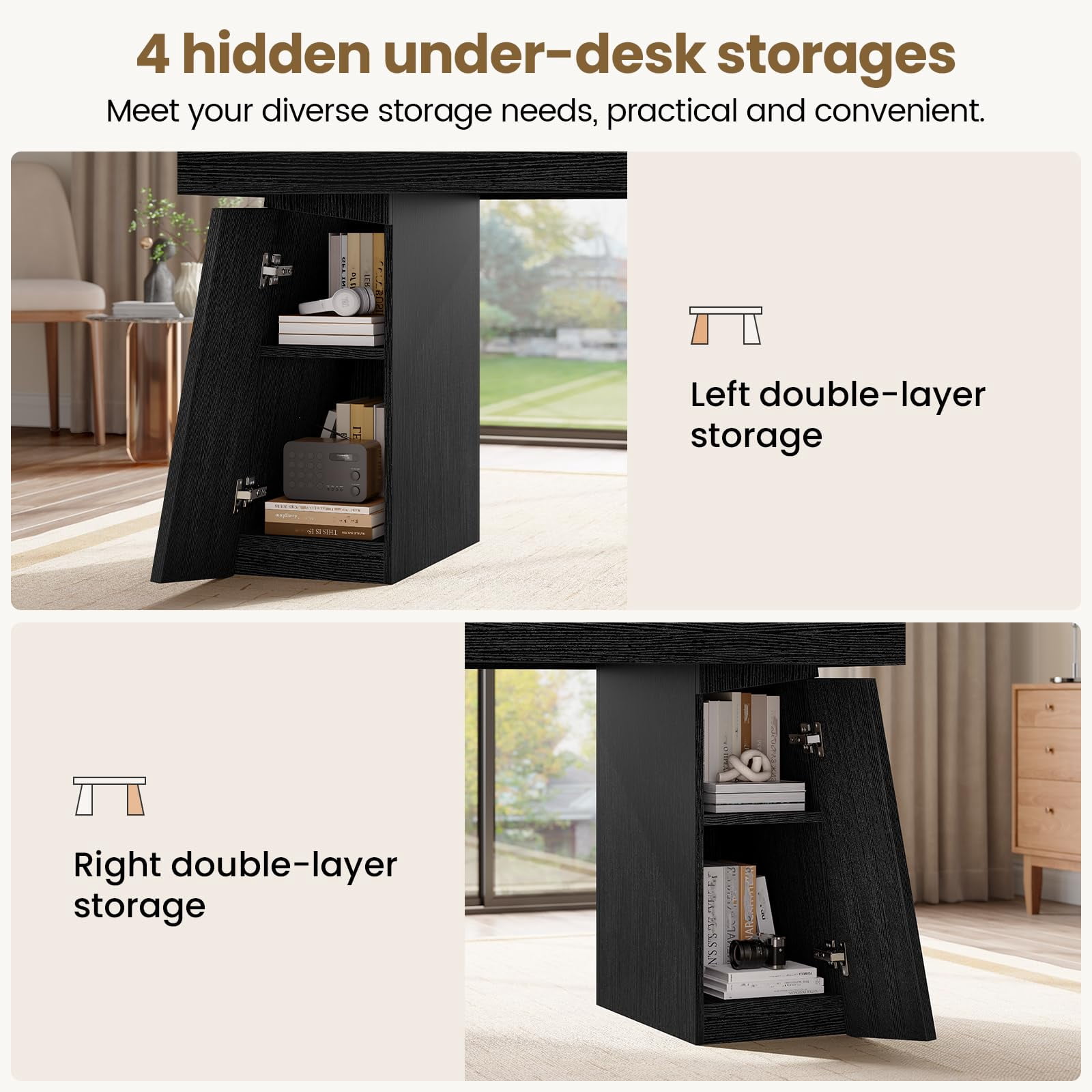 55.9" Executive Desk with Power Outlets, Home Office Desk with Double Pedestal & 2 Storage Cabinet, Wood Computer Desk, Modern Business Workstation (Black)