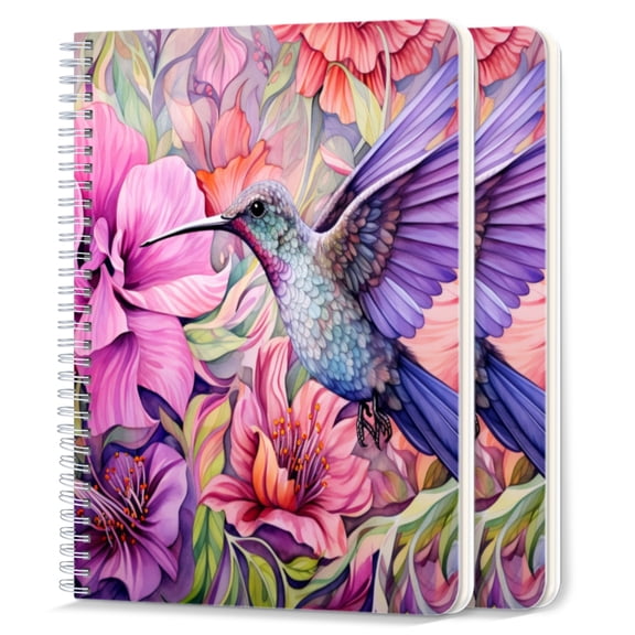 Spiral Notebook,College Ruled Journal,8.26" x 5.71" 50 Sheets/100 Pages,2 Pack - Beautiful Hummingbird Surrounded By Pastel Flowers