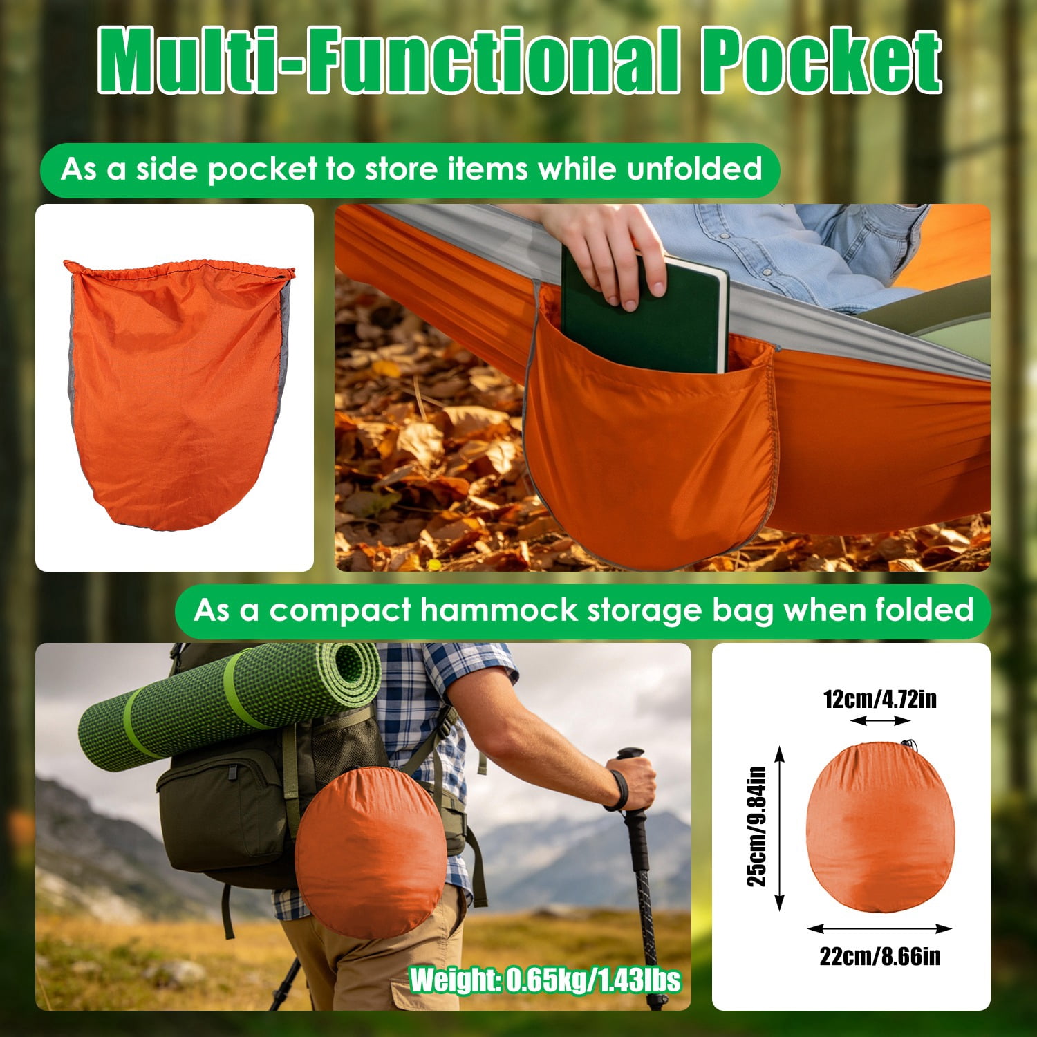 Pop-Up Mosquito Net Camping Hammock 3-in-1 Dual Zipper Hammock Tent, Lightweight 70D Nylon Portable Single Hammock Holds 440LBS with Side Pocket for Hiking Backpacking