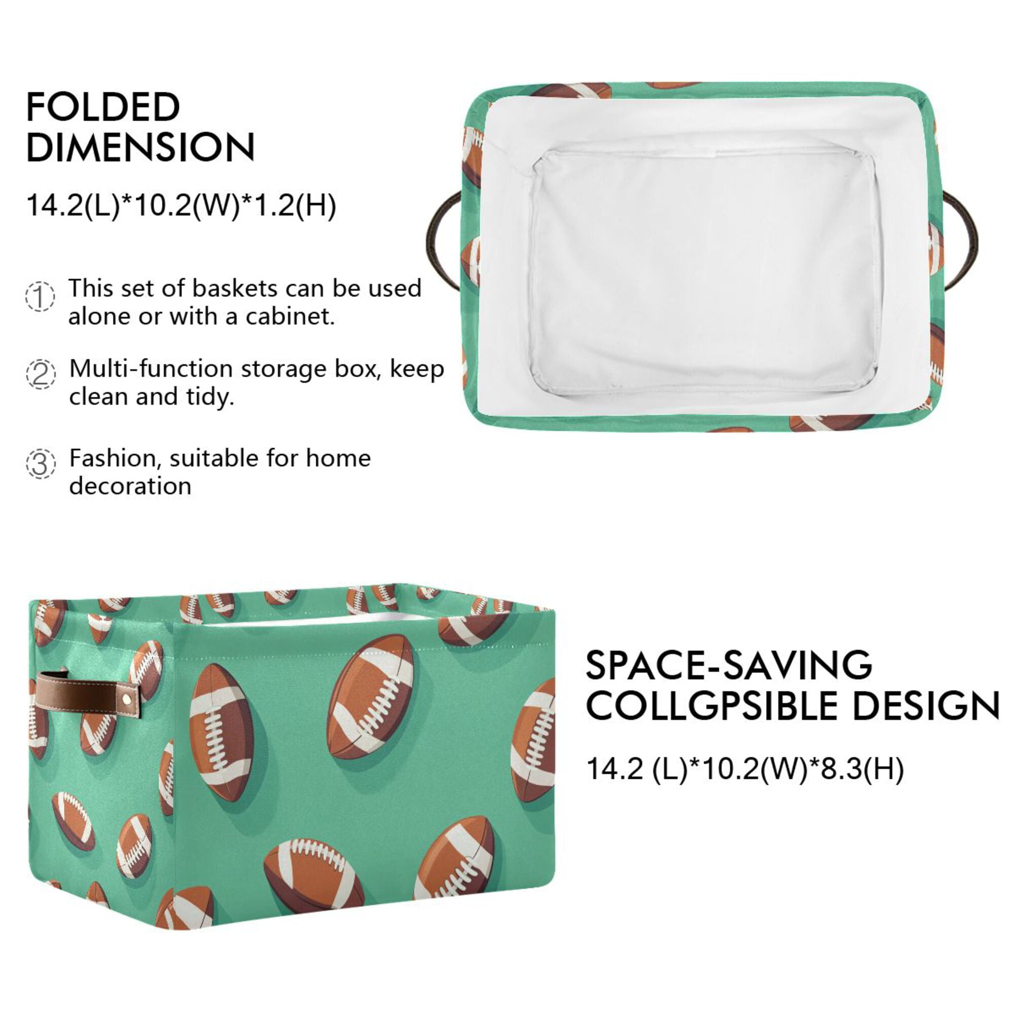 Yayeee Canvas Storage Basket with Handles for Shelves Fabric Bins Closet Organizer, Green American Footballs