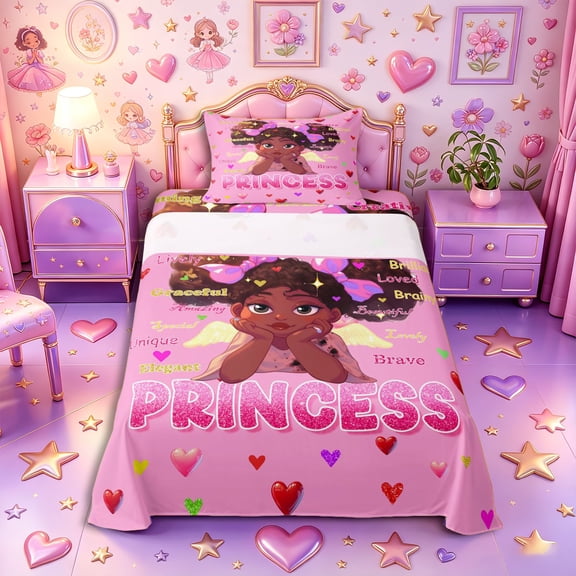 Castle Fairy Black Kawaii Princess Twin Sheets 3pcs,Angel Heart Print Bedding,Pink,1 Fitted Sheet, 1 Flat Sheet and 1 Pillowcase