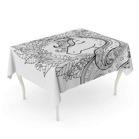 SIDONKU Unicorn and Wreath of Flowers Magical Black White Tablecloth Table Desk Cover Home Party Decor 60x104 inch