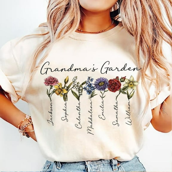 Grandma'S Garden T-Shirt With Kids' Names, Wildflower Mother'S Day Gift, Personalized Mama'S Garden Tee, Custom Grandma Shirt For Women