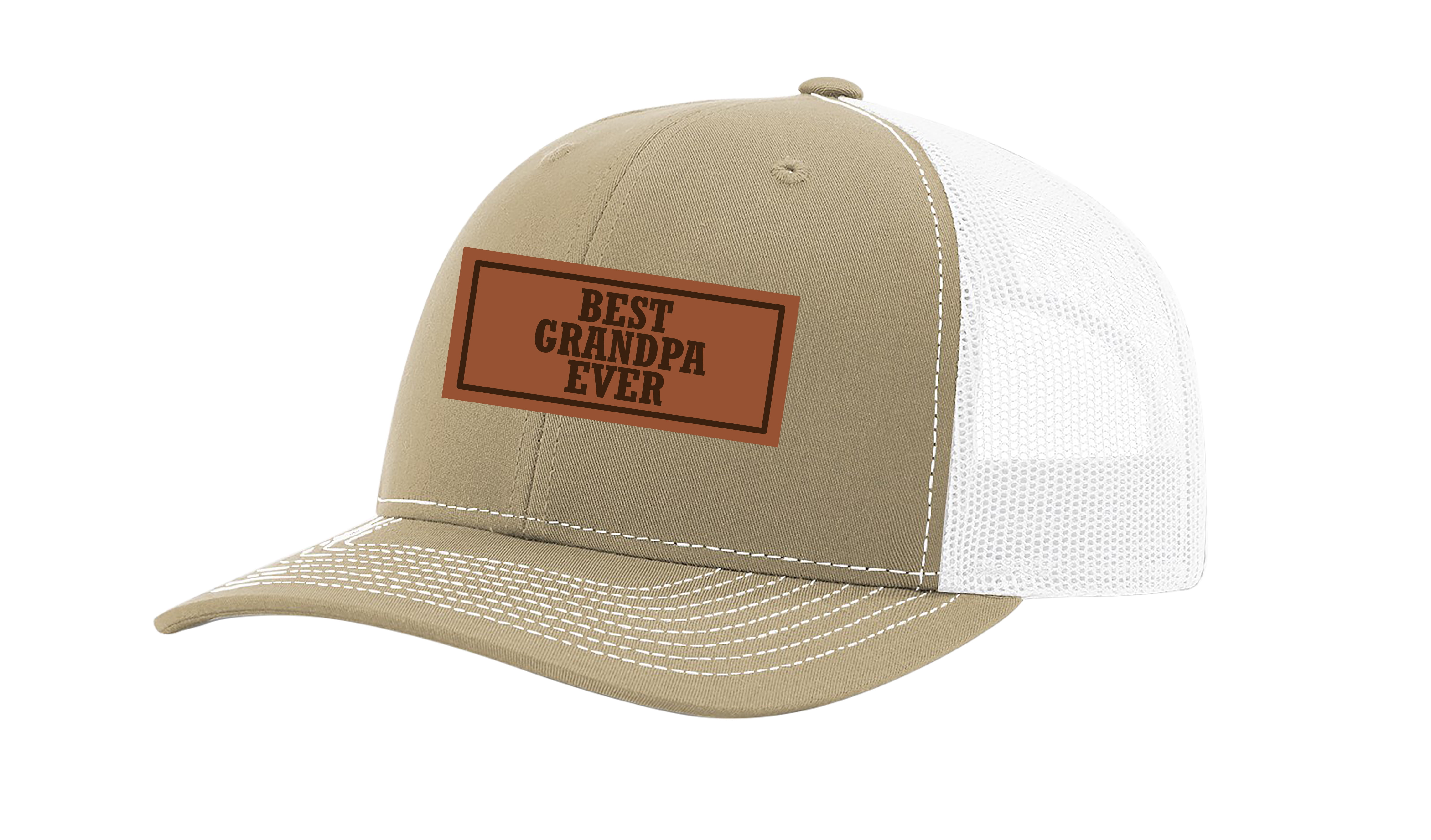 Trenz Shirt Company Men's Best Grandpa Ever Father's Day Laser Engraved Leather Patch Trucker Hat, Khaki/White, Size: One size, Black