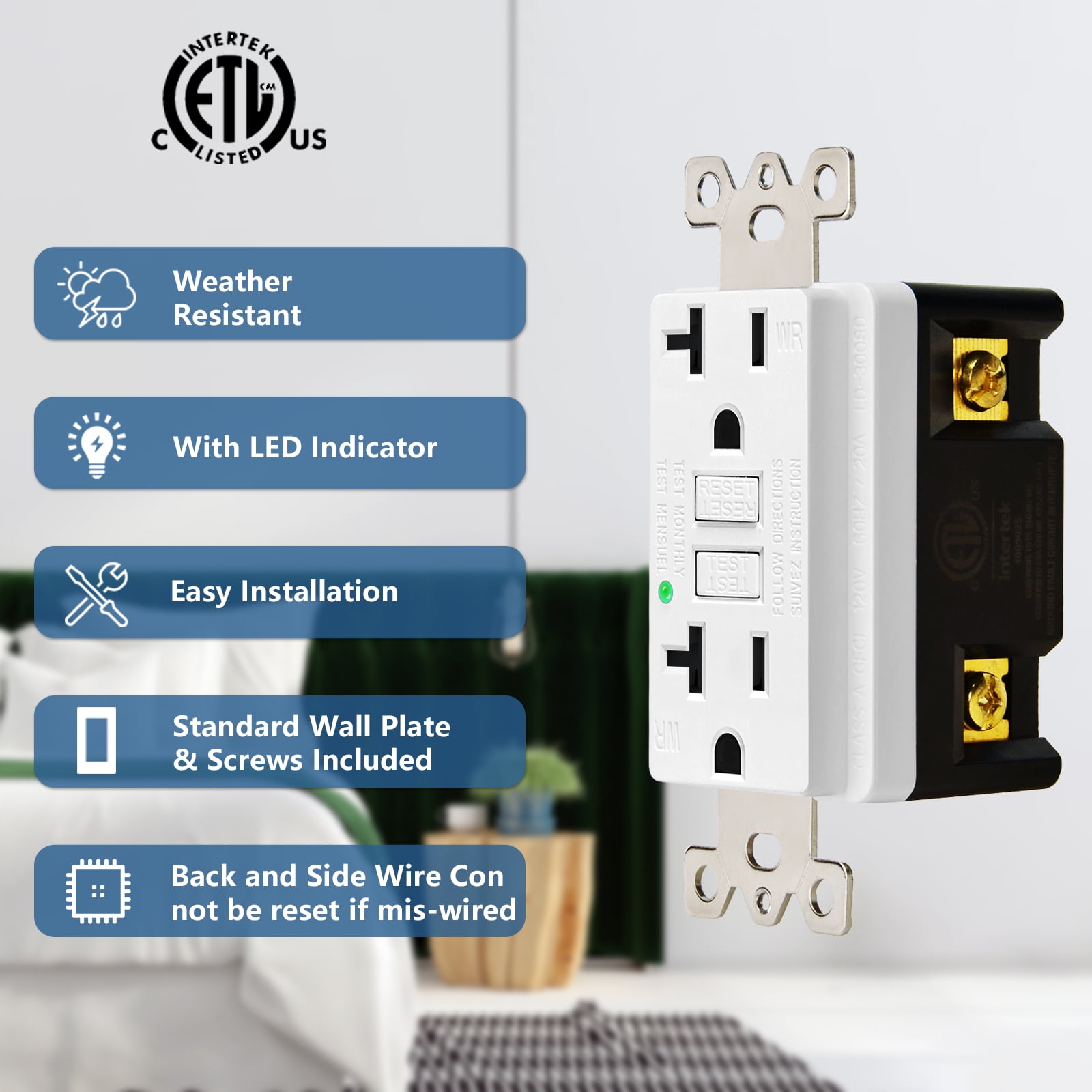 20amp GFCI Outlets, Non-Tamper-Resistant GFI Duplex Receptacles with LED Indicator, Ground Fault Circuit Interrupter with Wall Plate, ETL Listed, White, 100 Pack