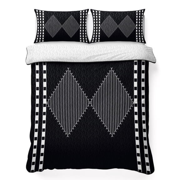 King Quilt Bedding Set, Abstract Stripe Diamond on Black 3 Piece Bedding Set Breathable Quilt with 2 Pillow Shams, Modern Geometric Buffalo Plaid Soft Microfiber Summer Comforter for Hot Sleepers