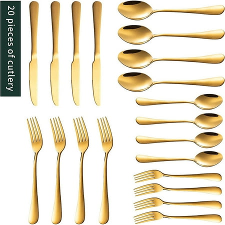 

20-Piece Stainless Steel Golden Flatware Set Service For 4 Premium Silverware Cutlery Set Including Knife/Spoon/Fork Kitchen Utensils For Home Hotel Restaurant Wedding Gift Dishwasher Safe