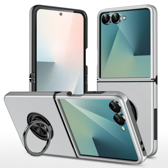 for Samsung Galaxy Z Flip 7 Case with Ring Stand, 360° Rotatable Ring Holder Magnetic Kickstand, 2-Layer Heavy Duty Shockproof Rugged Hybrid Hard PC Soft Rubber Case for Galaxy Z Flip 7, Silver