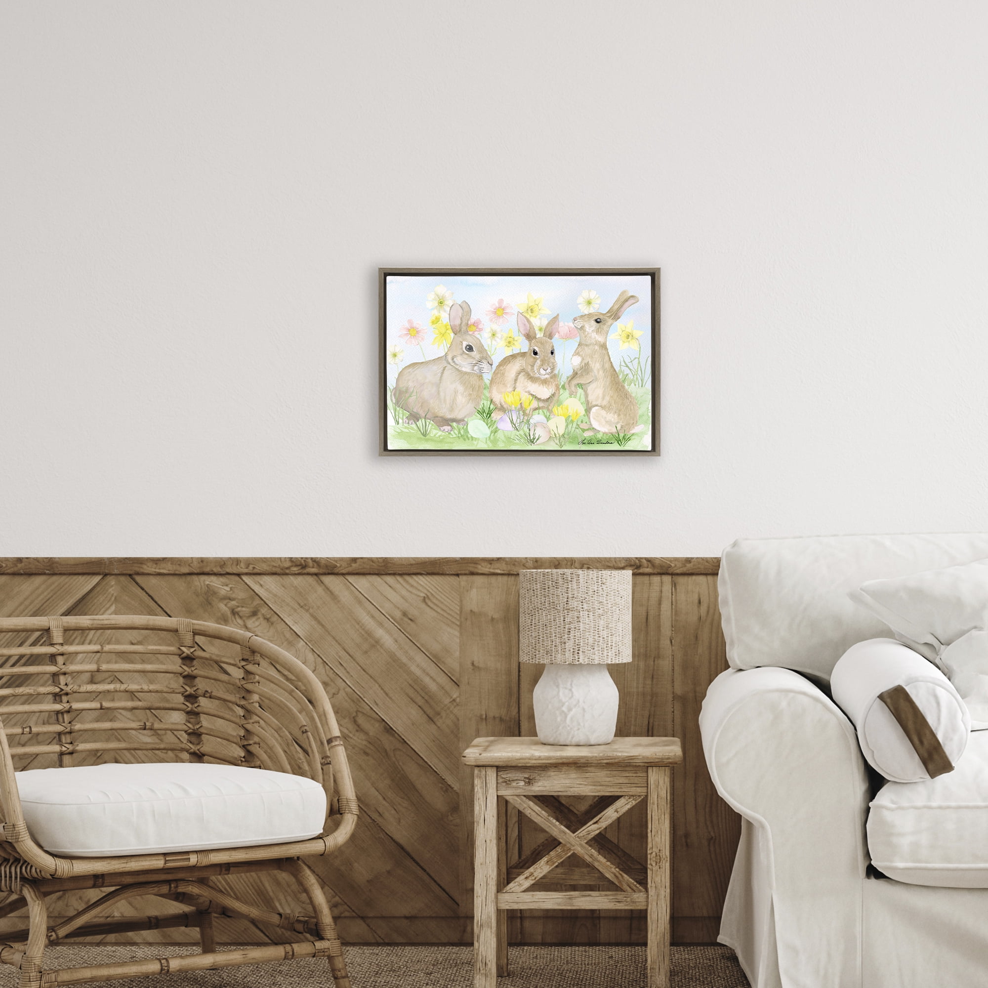 Three Bunnies In The Grass Brown Framed Floater Canvas Wall Art, design by Lee Ann Sanders