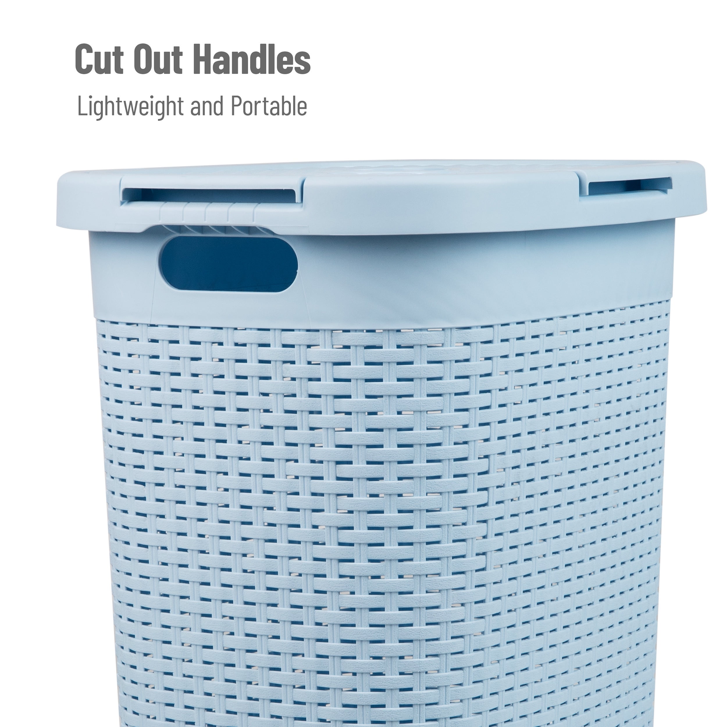 Mind Reader 60L Slim Laundry Hamper, Clothes Basket, Lid, Wicker Design, Plastic, Baby Blue