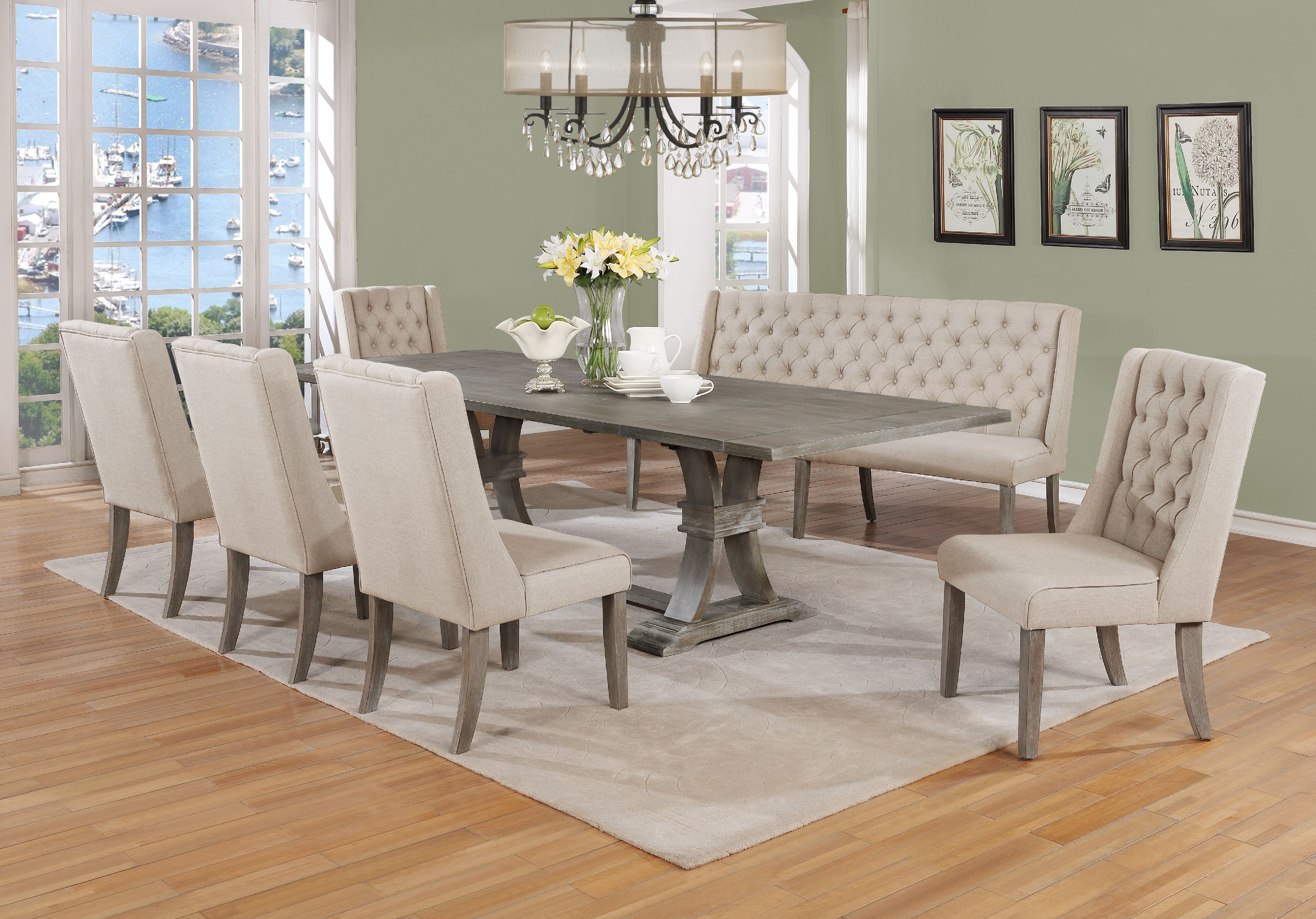 7pc Upholstored Dining Set W/ Bench Gray or Beige