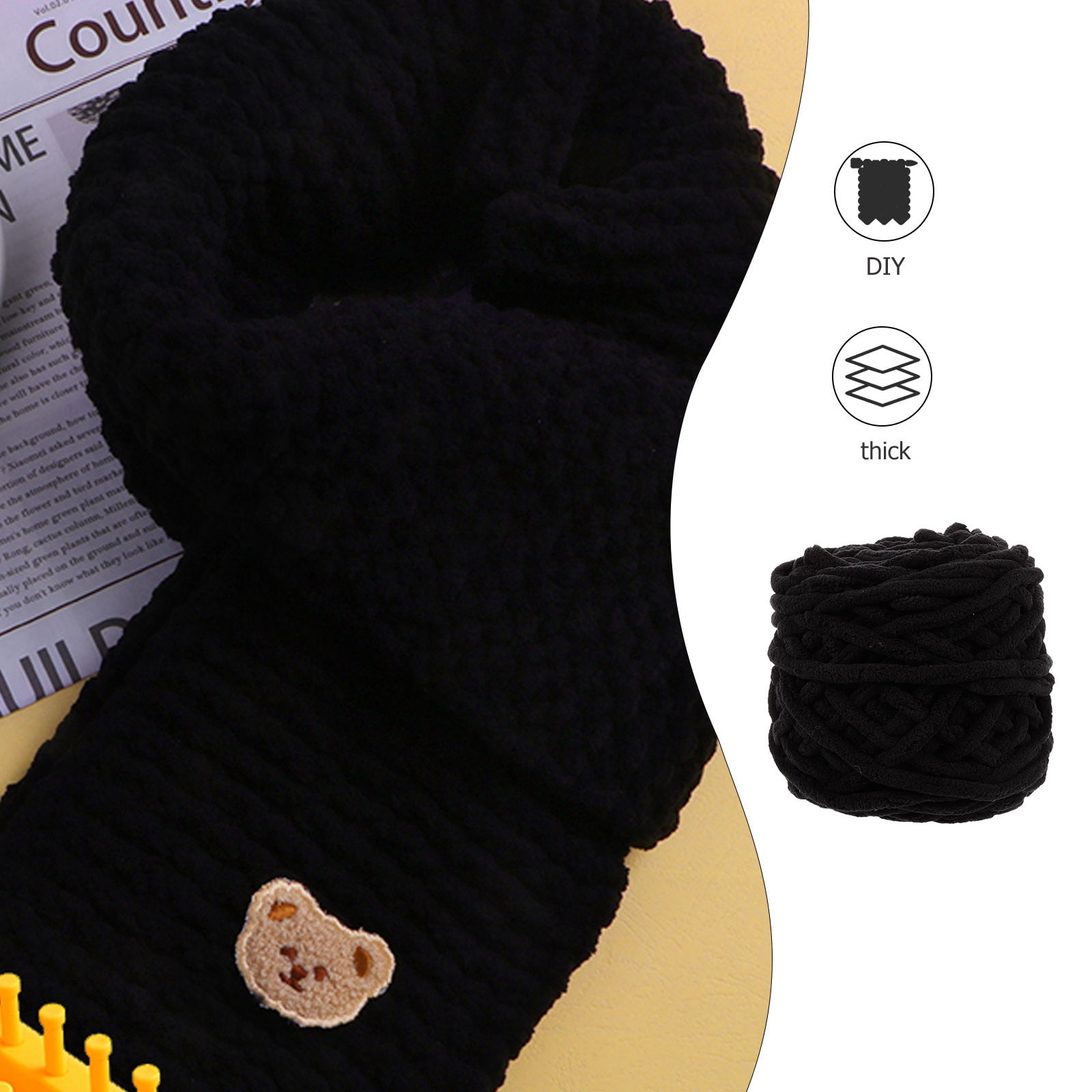 FONDOTIN Soft Chunky Acrylic Yarn for Knitting, Crocheting & Weaving - Comfortable Black Craft Thread for Projects
