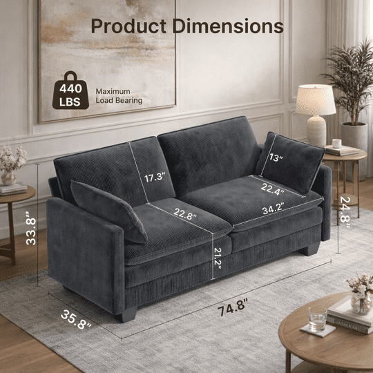 Aiho 75" L Loveseat Sofa, Comfy Corduroy Fluffy Couch with Deep Seat with Double Layer Cushions for Living Room, Apartment, Bedroom, Bedroom - Dark Gray