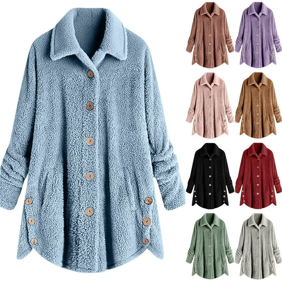 Hrsba Womens Sweatshirts Coat Long Sleeved Solid Color Lapel Buttoned Warm Fleece Jacket With Pockets
