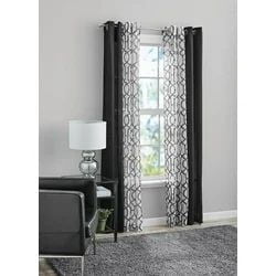 Mainstays Kingswood Solid and Printed Sheer Grommet Window Curtains Panel Set, 4 Piece, Black, 27.5" W x 84" L