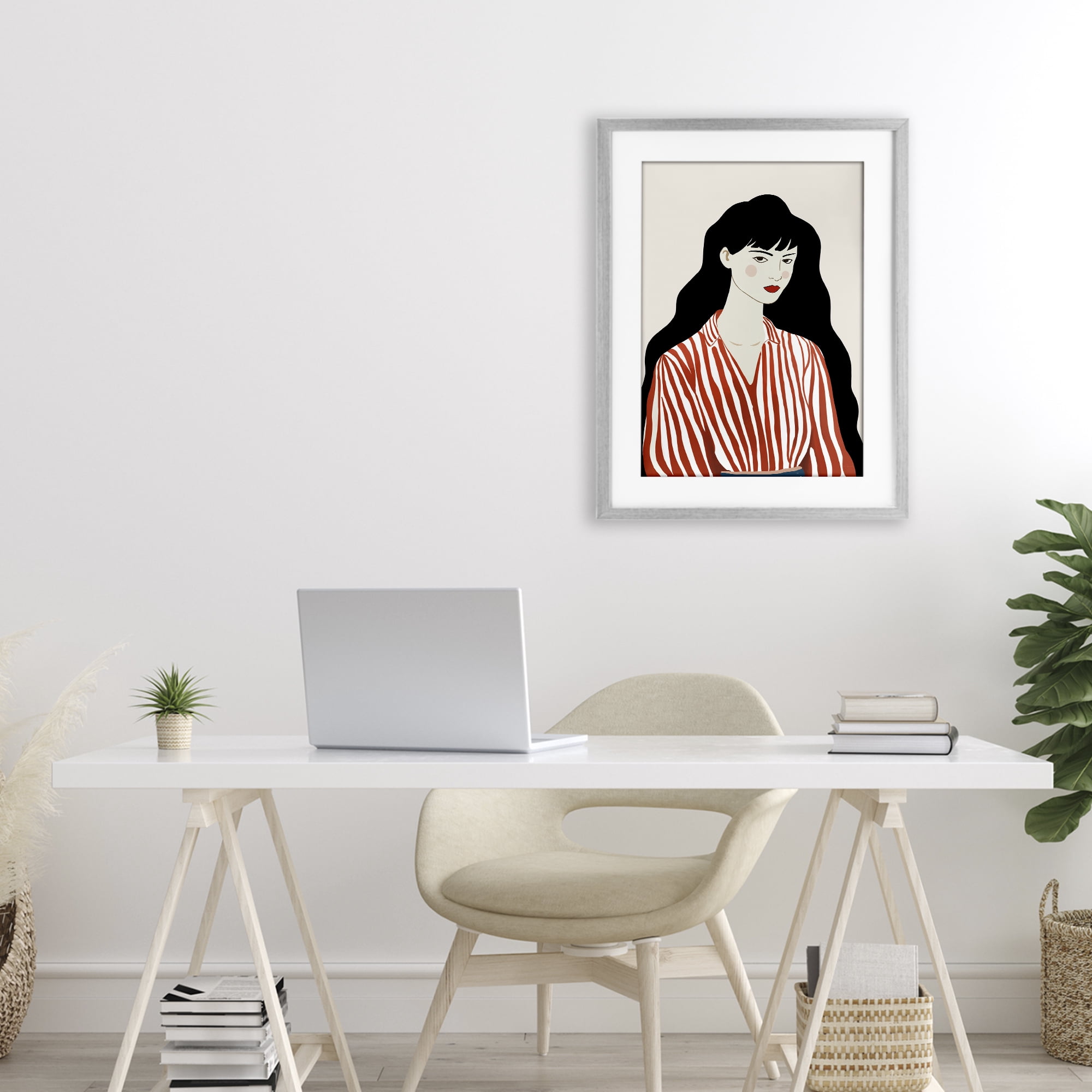 Stupell Industries Woman in Striped Blouse Gray Framed Print Under Glass, design by Omar Escalante