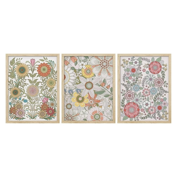 PixonSign Framed Canvas Print Wall Art Set - Floral Botanical Flower Pattern Poster Art - Set of 3 Elegant Multicolor Wildflowers Illustration Prints Wall Décor for Office - 12"x16"x3 Natural