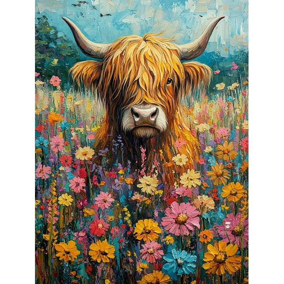 Highland Cow in Wildflowers Canvas Art Print, Perfect for Living Room, Bedroom, Kitchen, Office, and Farmhouse Decor.