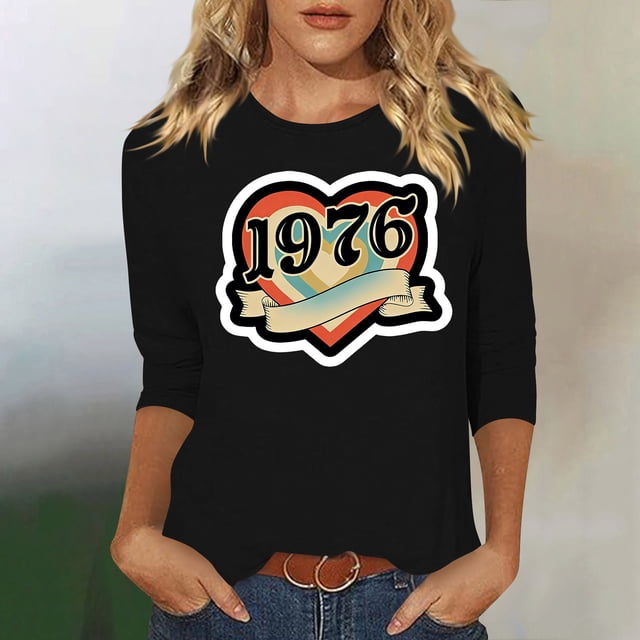 Uootdi Hauts pour Femmes Manches 3/4 Col Rond Imprimé Arc-en-Ciel Rétro 1976 Coupe Décontractée T-Shirts Nostalgiques d'Été Cadeau