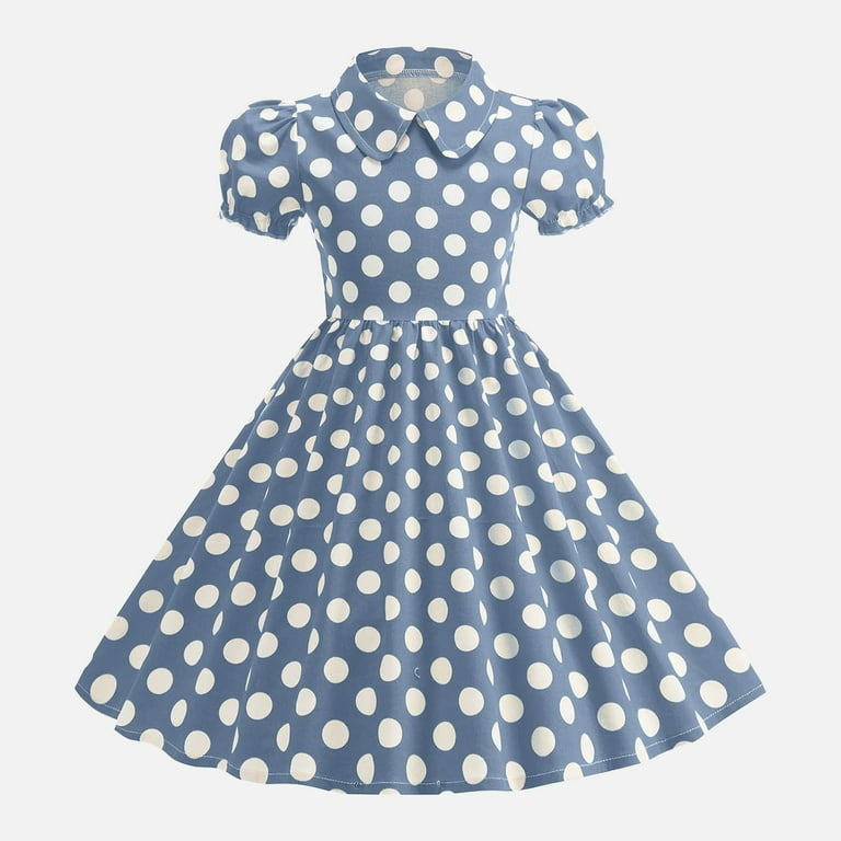 CAICJ98 Girls Vintage Dresses Kids Polka Dot 50's Dress Short Sleeve Turn-Down Collar Swing Dresses for Toddler Girls Party Dress Light Blue,3-4 Years