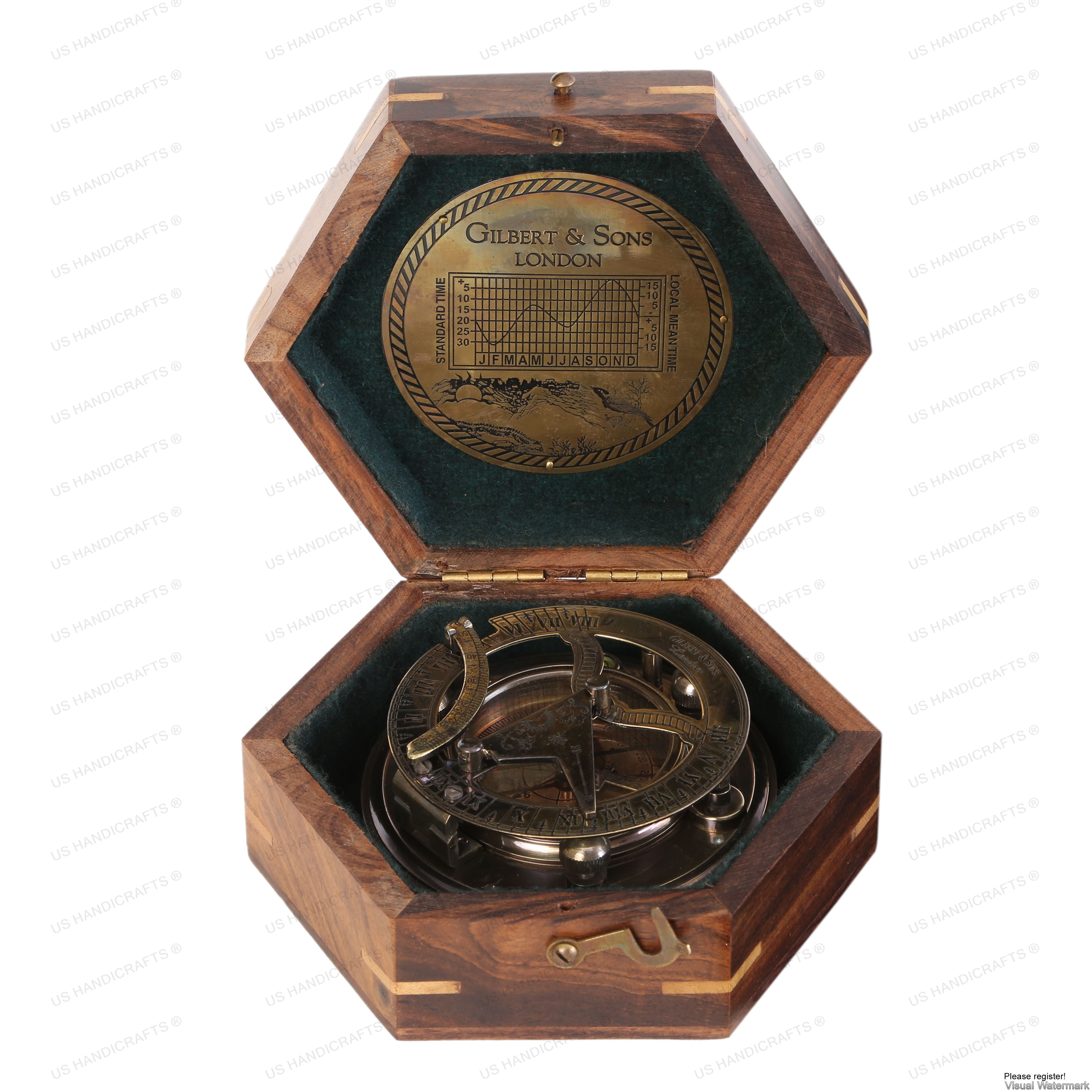 US HANDICRAFTS Vintage Compass Navigation Instrument Brass Sundial Compass with Wooden Case & Calendar Engraved Baptism Gifts for Loved Ones, Son, Love, Partner Compass for Camping, Hiking, Touring