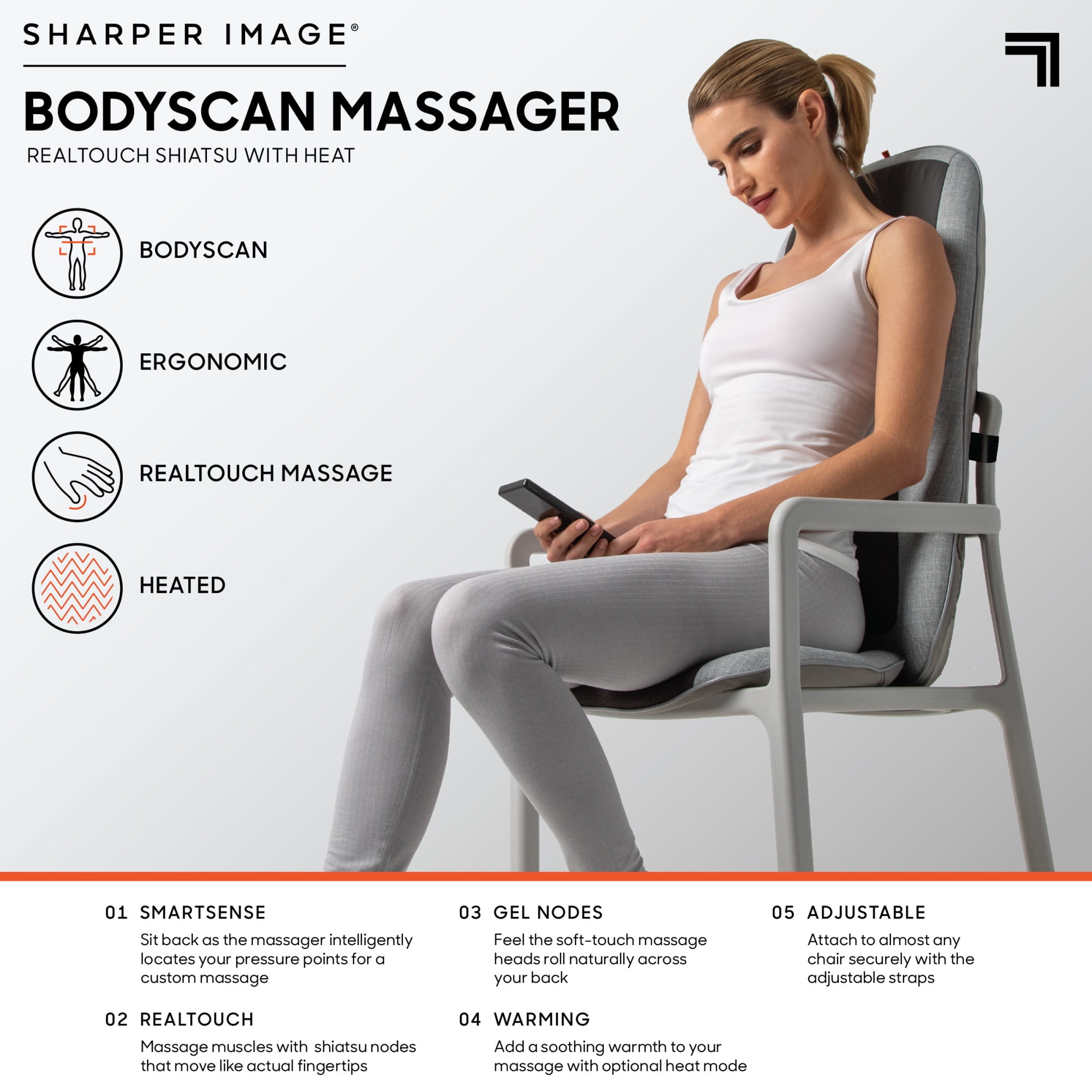 Sharper Image Massager Seat Topper 4-Node Shiatsu with Heat and Vibration