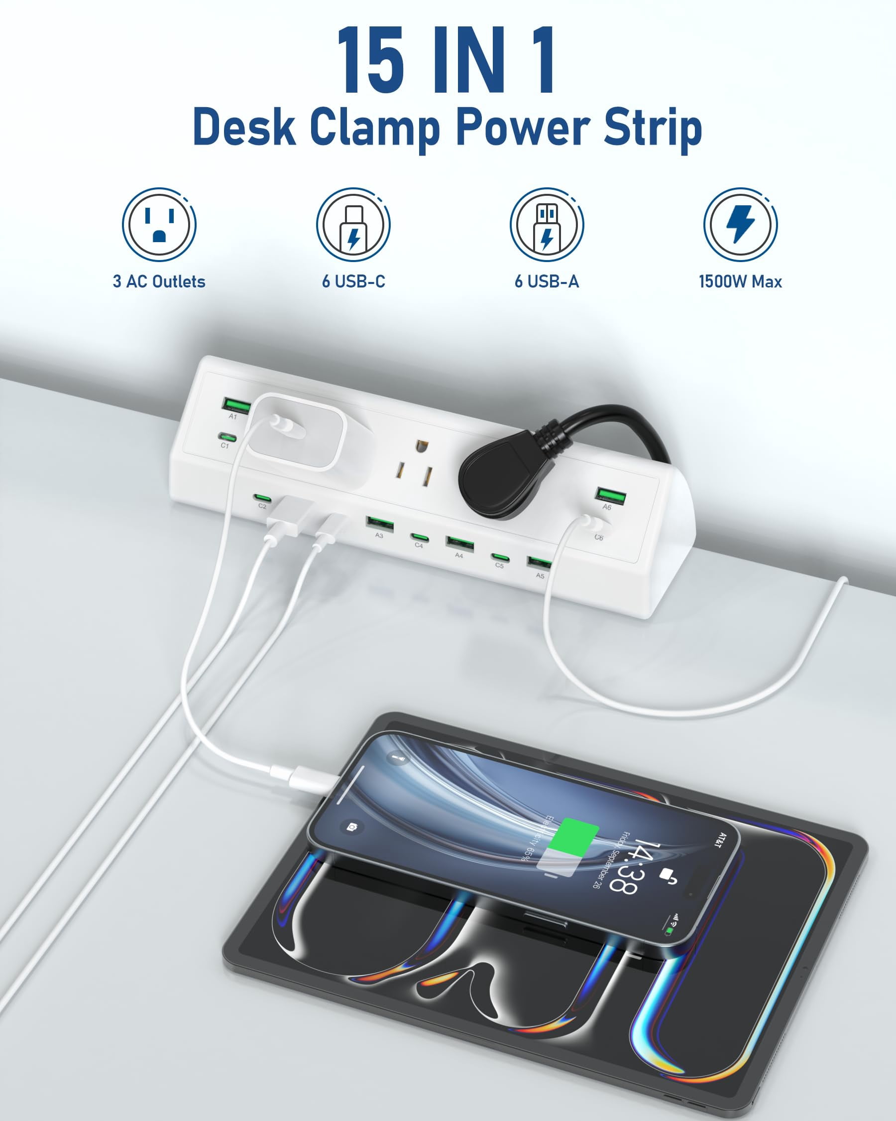 90w Desk Clamp Power Strip 12 Usb Ports (6 Pd 45w Usb-c) Surge Protector Etl Listed Hub Extension Cord Fast Charging Station For Home Office Edge Mount (white  12 Usb-90w)