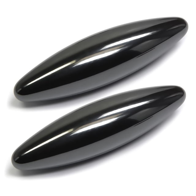 piezas de bolas magnéticas ovaladas negras de 43 mm, imanes de huevos de serpiente, serpiente de cascabel de hematita, huevo de serpiente de cascabel magnético elipsoide (pequeño) 8 piezas — Dos imanes elipsoides negros pulidos en vista frontal, forma oval alargada y superficie reflectante, tamaño 43 mm; diseñados para girar, chocar y producir vibración y sonido al juntarse según la descripción, usados como juguete interactivo o imán de refrigerador y a menudo empleados para ejercicios de coordinación ojo-mano.