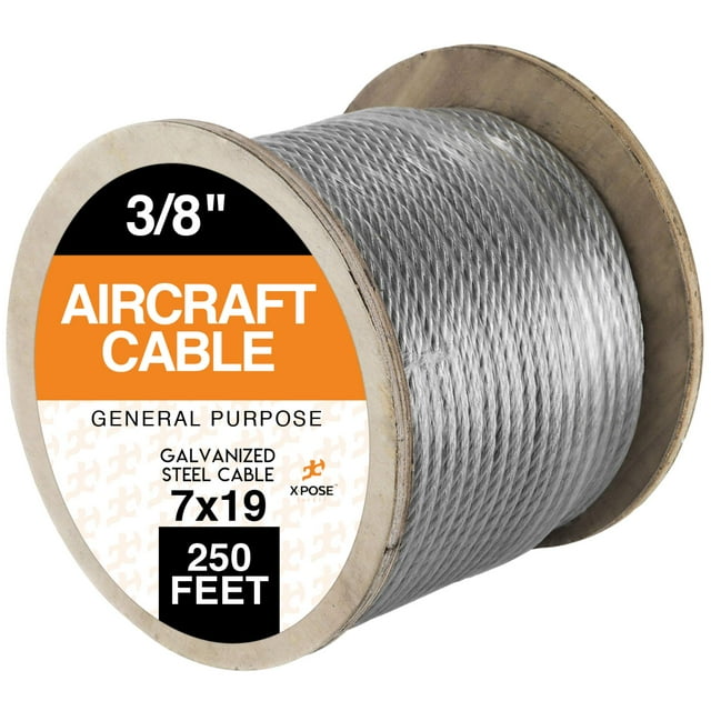 7 x 19 Galvanized Steel Aircraft Cable Wire - 3/8" - 250' Reel - 14,400 lb Break Strength Rope for Pulley System or Winch Loop - Marine Wire, Cable/Deck Railing, Fencing, Zipline - Xpose Safety