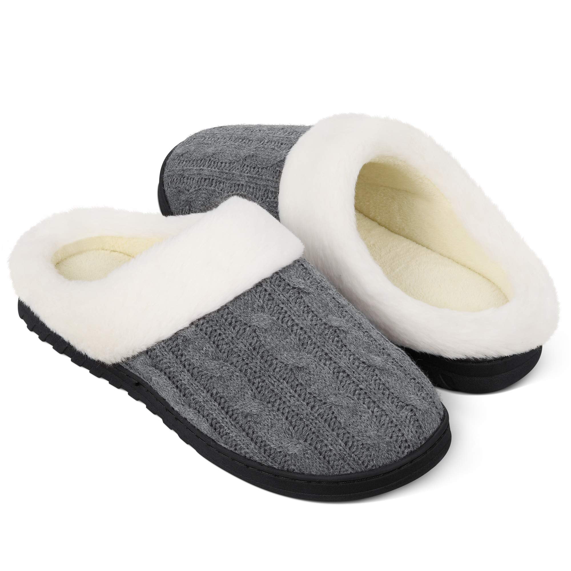 Women's Cable Knit Clog Slippers Fur Lined Cuff Memory Foam House Indoor Shoes 