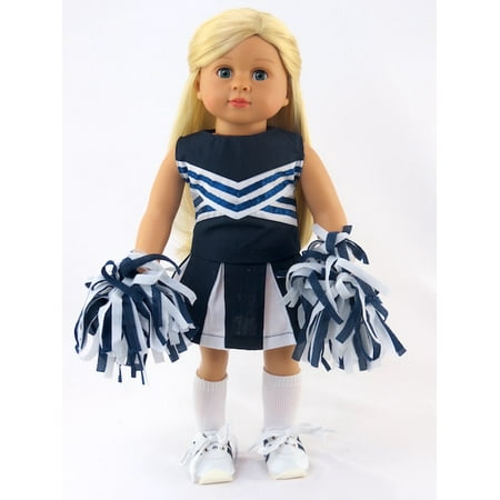 Navy Blue and White Doll Cheerleader Outfit with Matching Pom Poms and Tennis Shoes - 18 Inch Doll Clothes |Fits 18" American Girl Dolls, Gotz, Our Generation Madame Alexander and others
