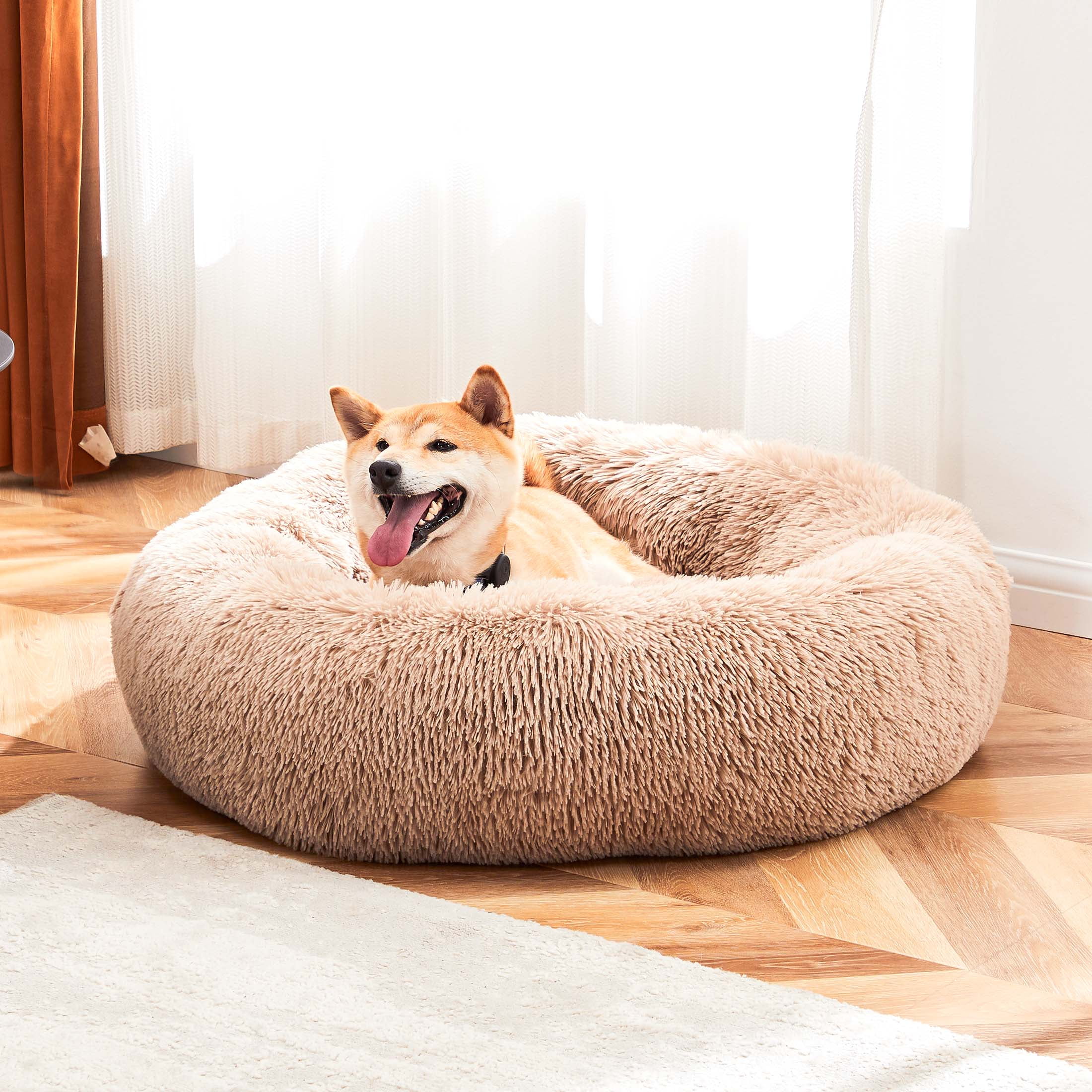 edx Calming 30" Donut Dog Bed, Soft Warm Cozy Plush Round Fluffy Pet Bed for Large Dogs, Machine Washable, Brown
