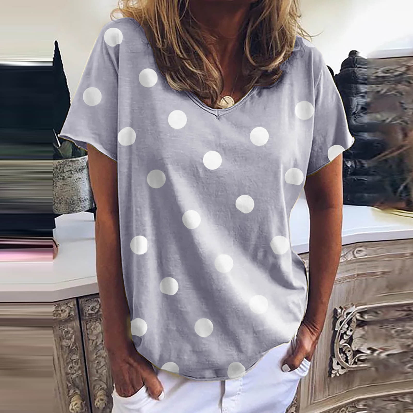 T Shirts For Women Graphic Tee Casual Loose Polka Dot Blouse Print V Neck  Short Sleeved Tshirt Top