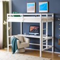 thumbnail image 2 of VINGLI Loft Bed with Desk, Wood Bunk Bed Twin Size with RGB LED for Adults, 2 Charging Station on High Guardrail and Desk,Wood Slat Support, White, 2 of 9