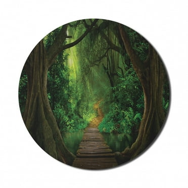 Tree Mouse Pad for Computers, Illustration of a Pathway into a Mystic Rainforest, Round Non-Slip Thick Rubber Modern Gaming Mousepad, 8" Round, Yellow Green, by Ambesonne